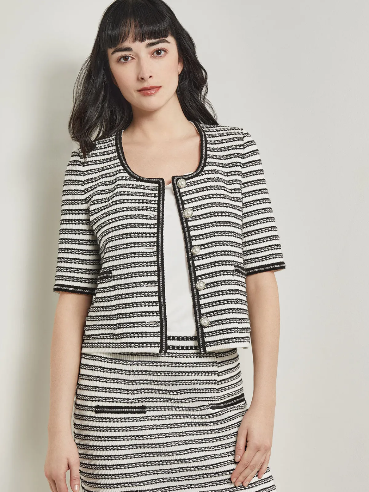 Jackets & Coats|Misook Heritage Fit Chain Trim Jacket - Recycled Knit NewIvory/Black
