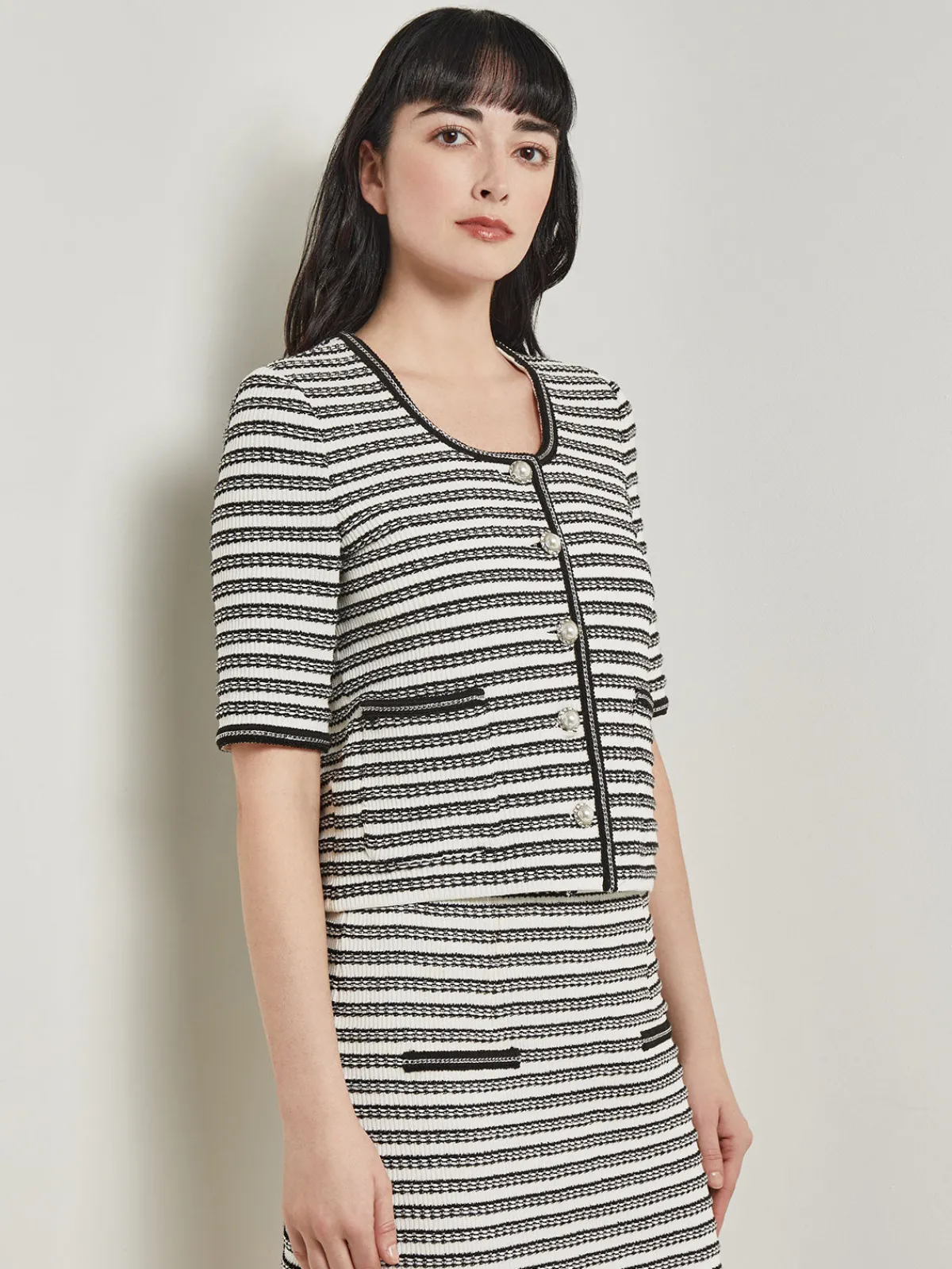Jackets & Coats|Misook Heritage Fit Chain Trim Jacket - Recycled Knit NewIvory/Black