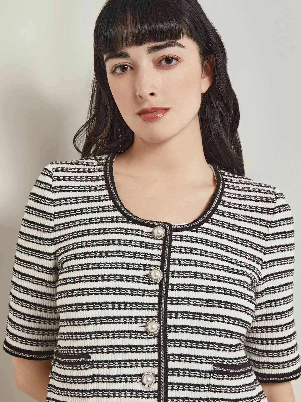 Jackets & Coats|Misook Heritage Fit Chain Trim Jacket - Recycled Knit NewIvory/Black
