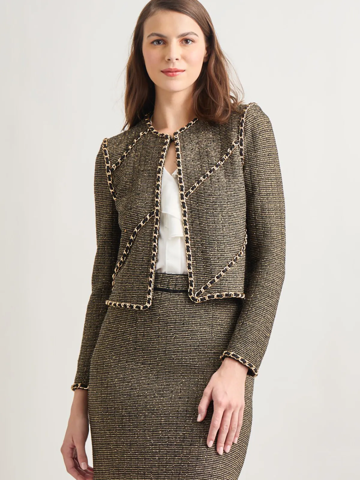 Jackets & Coats|Misook Heritage Fit Curbed Chain Trim Lurex Knit Jacket Black/Gold