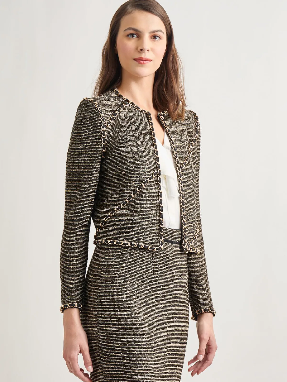 Jackets & Coats|Misook Heritage Fit Curbed Chain Trim Lurex Knit Jacket Black/Gold