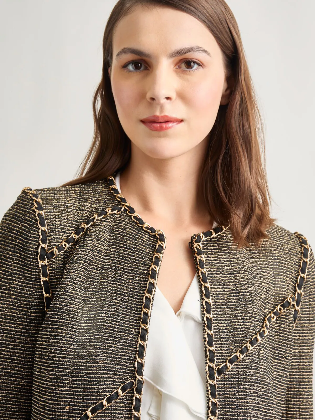 Jackets & Coats|Misook Heritage Fit Curbed Chain Trim Lurex Knit Jacket Black/Gold