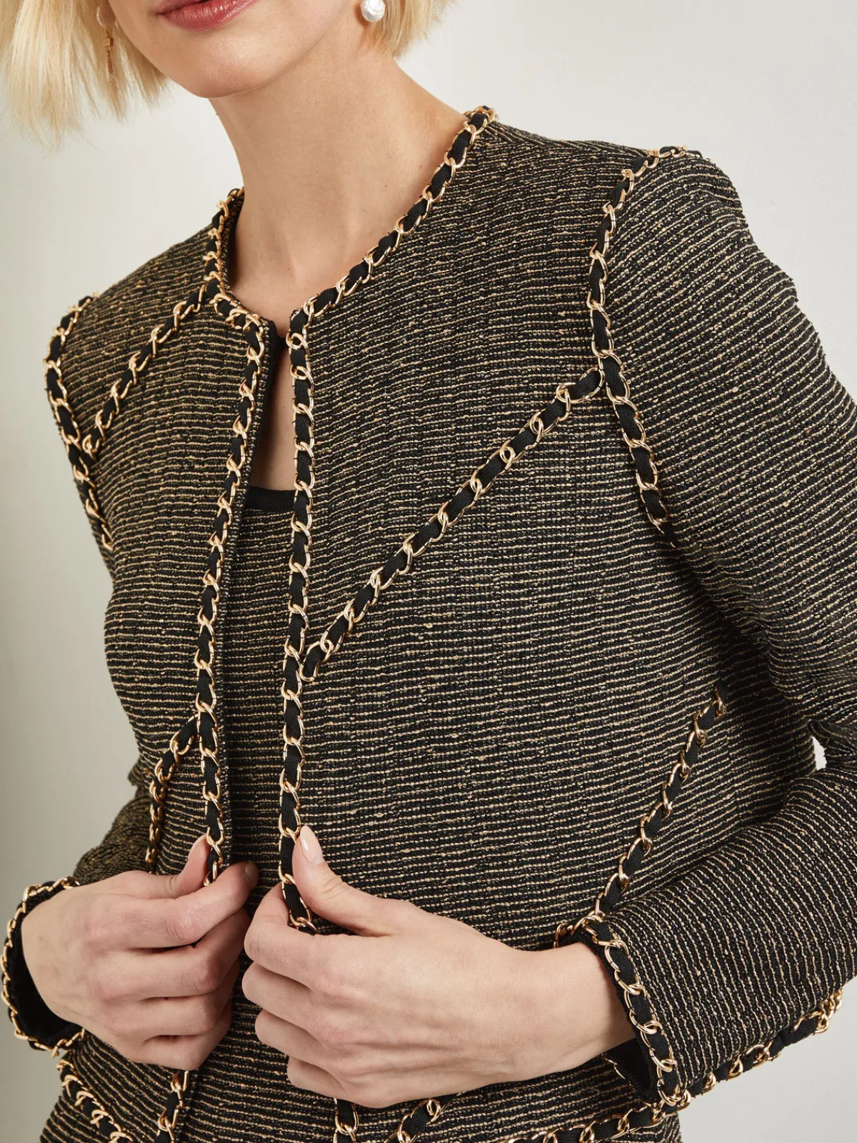 Jackets & Coats|Misook Heritage Fit Curbed Chain Trim Lurex Knit Jacket Black/Gold