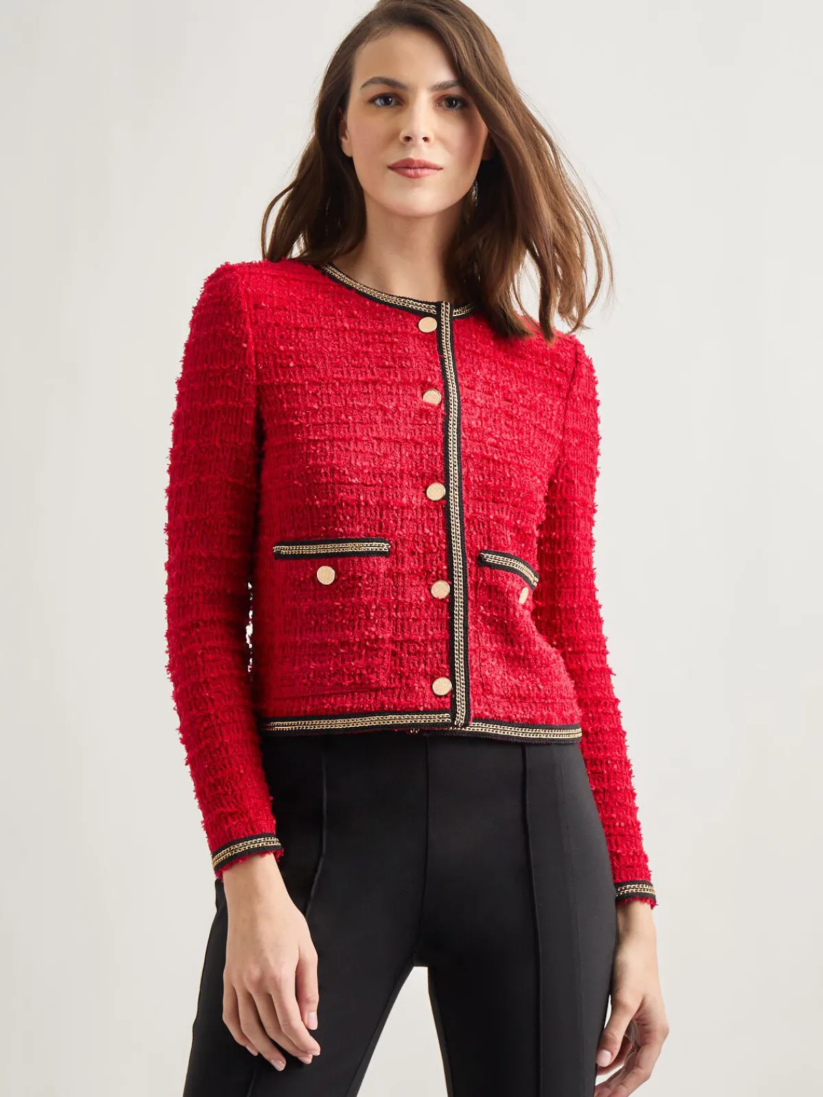Jackets & Coats|Misook Heritage Fit Double Chain Trim Eyelash Knit Jacket Rouge