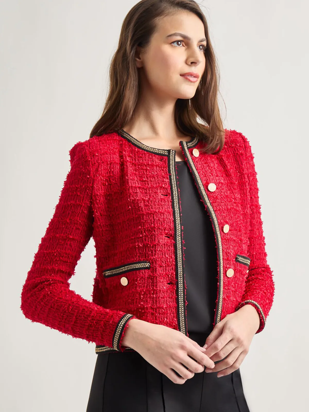 Jackets & Coats|Misook Heritage Fit Double Chain Trim Eyelash Knit Jacket Rouge