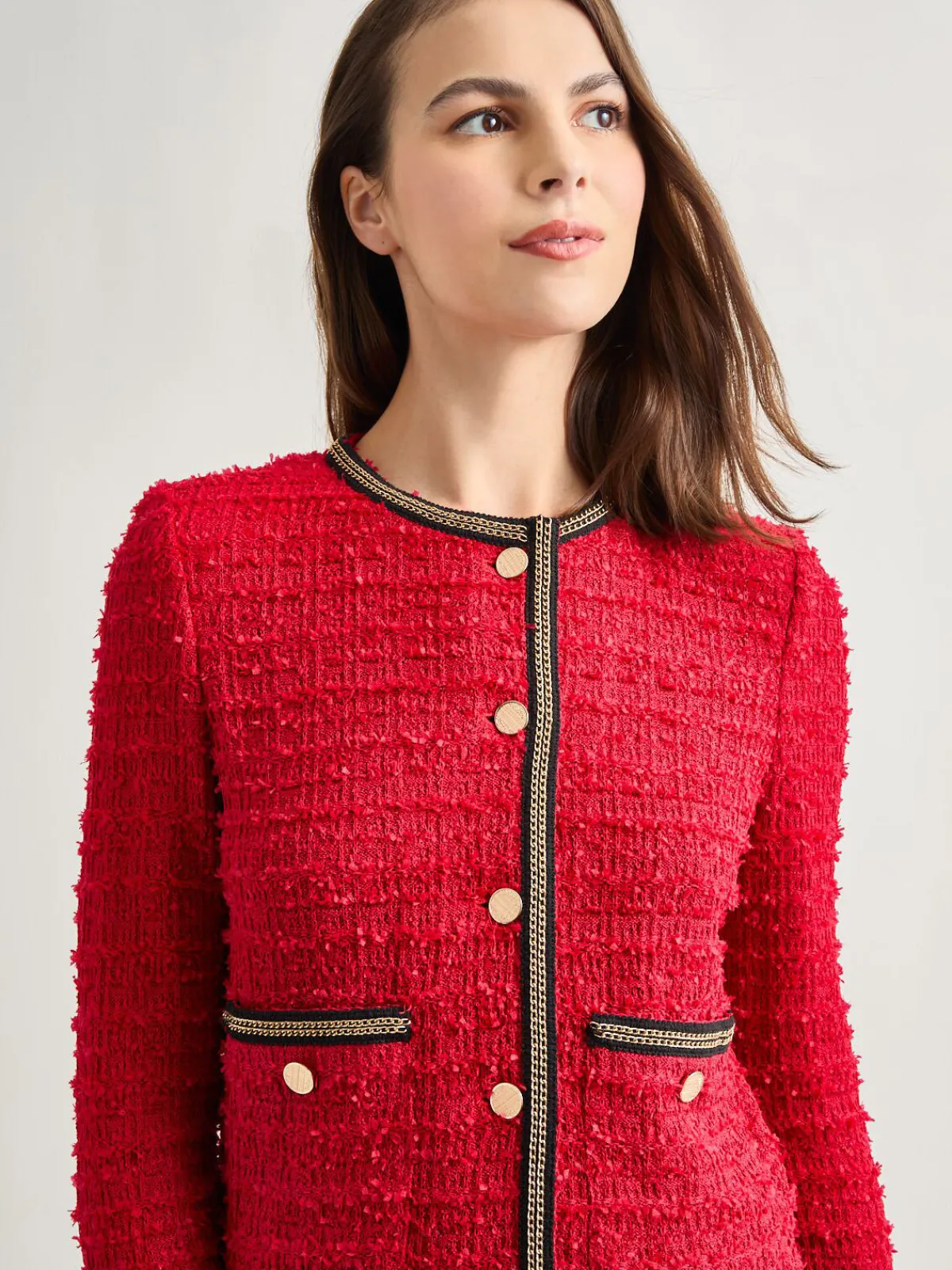Jackets & Coats|Misook Heritage Fit Double Chain Trim Eyelash Knit Jacket Rouge