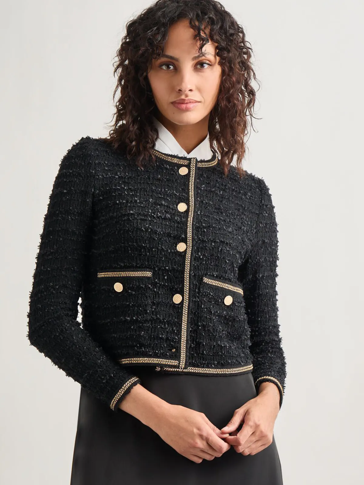Jackets & Coats|Misook Heritage Fit Double Chain Trim Eyelash Knit Jacket Black