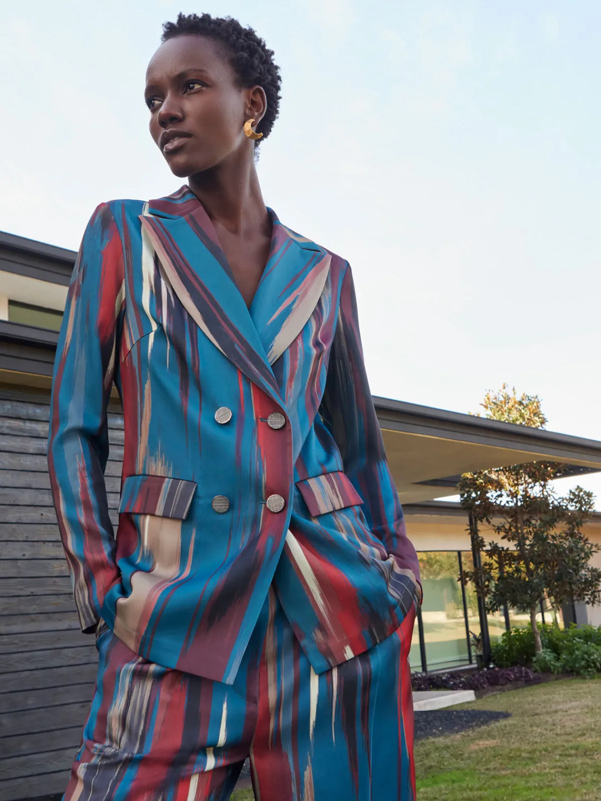 Jackets & Coats|Misook Heritage Fit Double-Breasted Brushstroke Woven Blazer TidalTeal/Macchiato/Mahogany/Rouge/NewIvory/Black