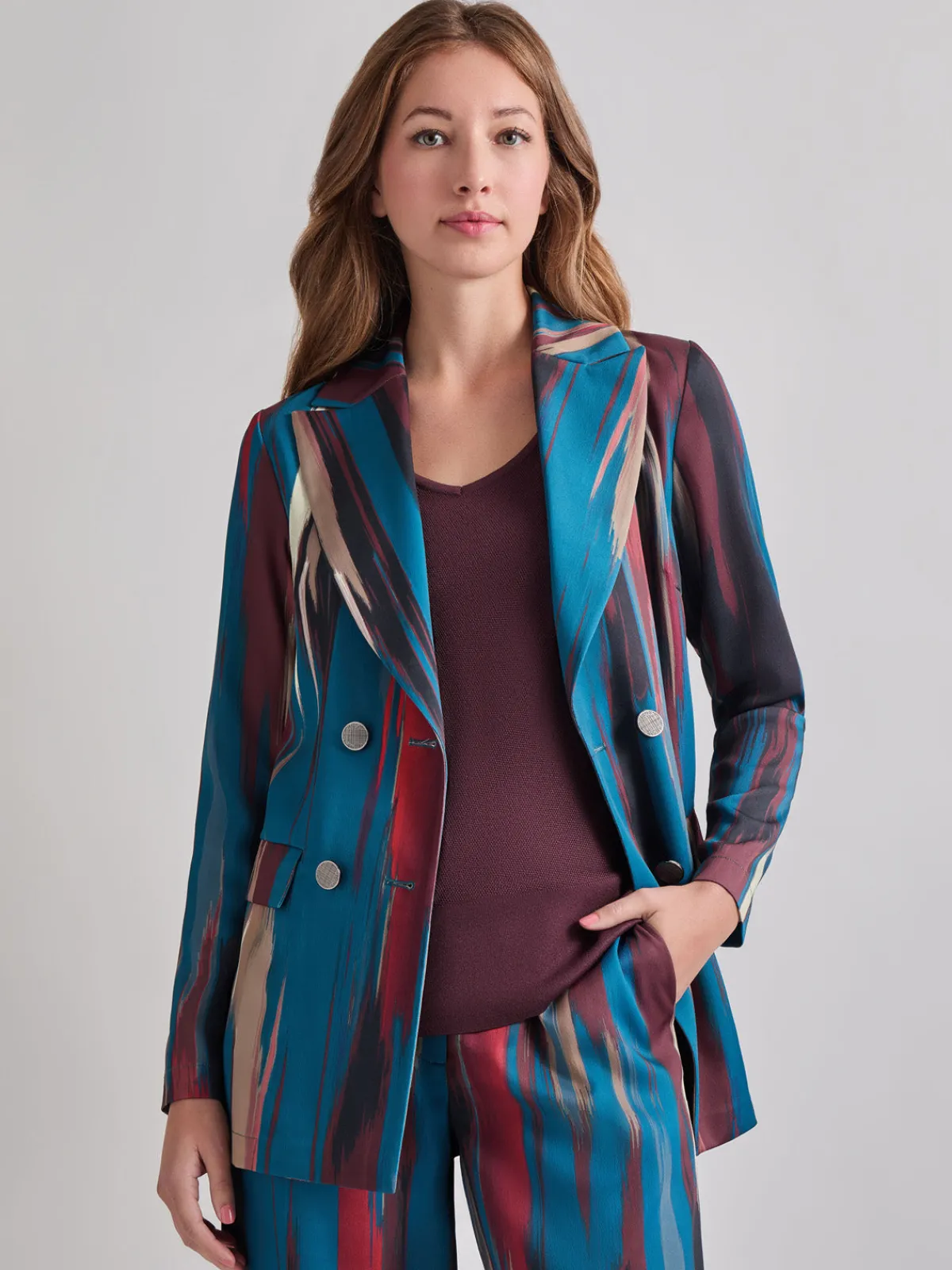 Jackets & Coats|Misook Heritage Fit Double-Breasted Brushstroke Woven Blazer TidalTeal/Macchiato/Mahogany/Rouge/NewIvory/Black