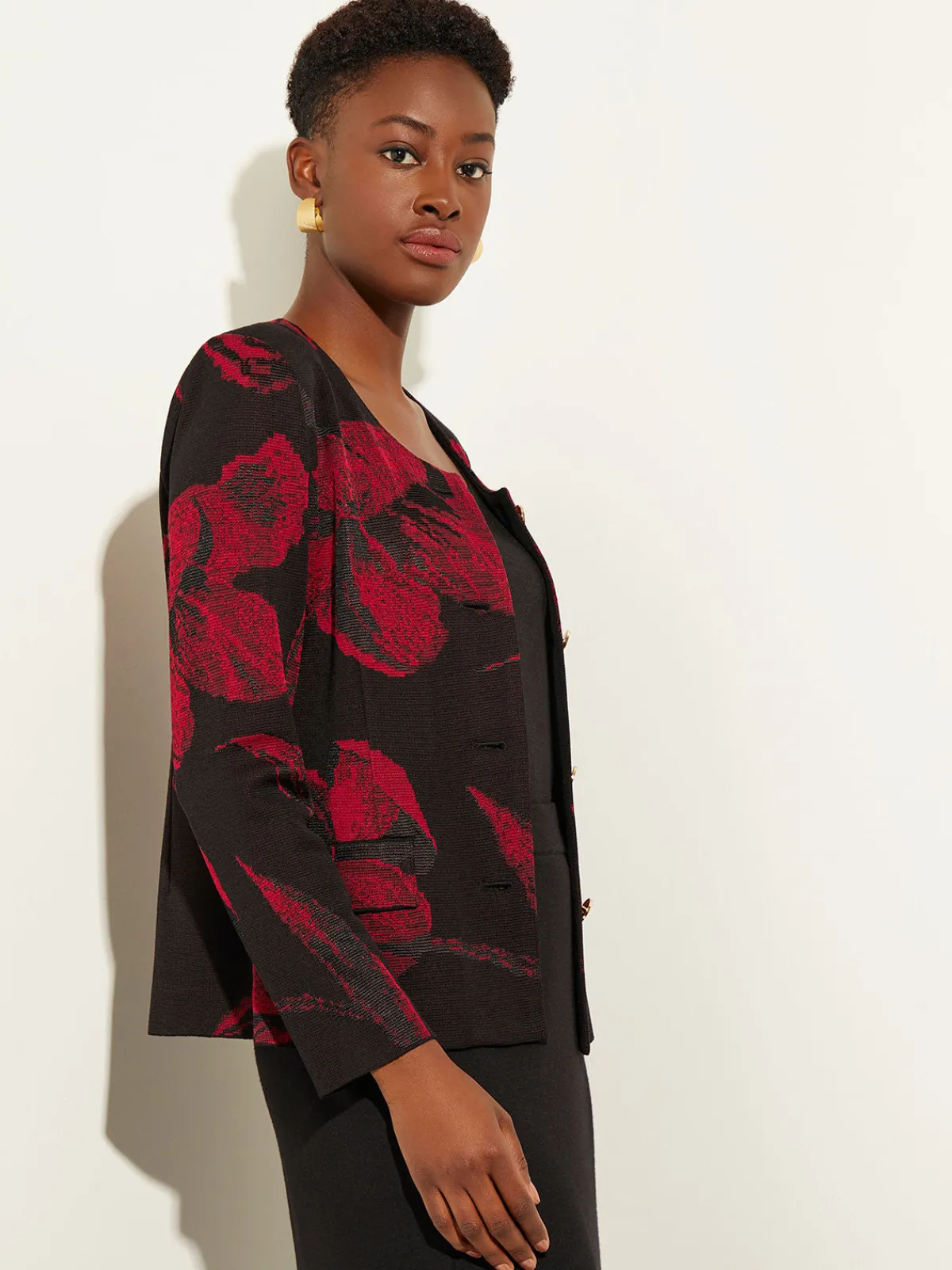 Jackets & Coats|Misook Heritage Fit Floral Button-Front Knit Jacket Rouge/Black
