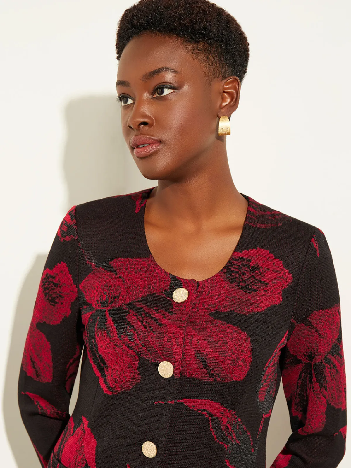 Jackets & Coats|Misook Heritage Fit Floral Button-Front Knit Jacket Rouge/Black