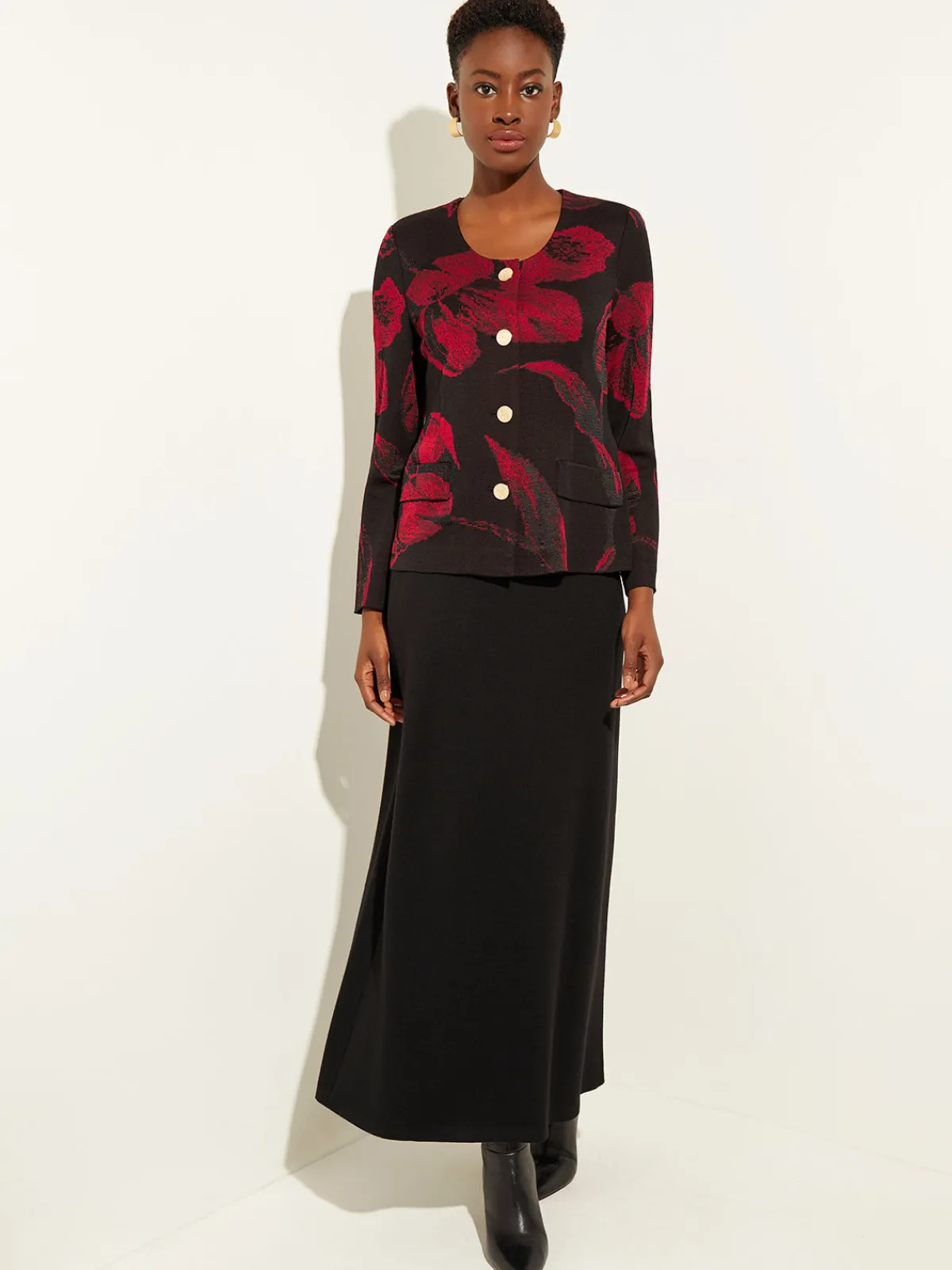Jackets & Coats|Misook Heritage Fit Floral Button-Front Knit Jacket Rouge/Black