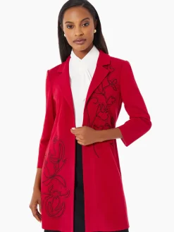 Jackets & Coats|Misook Heritage Fit Floral Embroidery Long Knit Jacket Rouge/Black