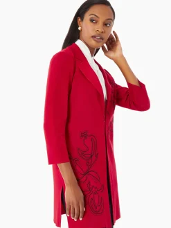 Jackets & Coats|Misook Heritage Fit Floral Embroidery Long Knit Jacket Rouge/Black