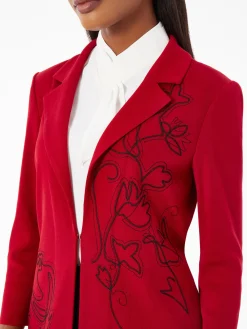 Jackets & Coats|Misook Heritage Fit Floral Embroidery Long Knit Jacket Rouge/Black