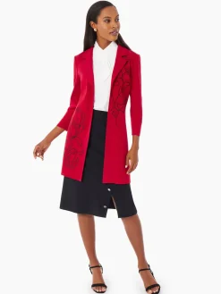 Jackets & Coats|Misook Heritage Fit Floral Embroidery Long Knit Jacket Rouge/Black