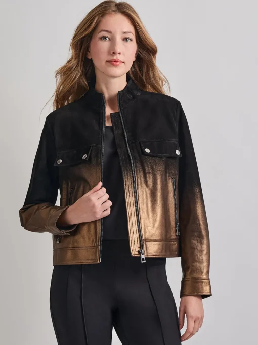 Jackets & Coats|Misook Heritage Fit Gold Ombre Suede Leather Trucker Jacket Black/Gold