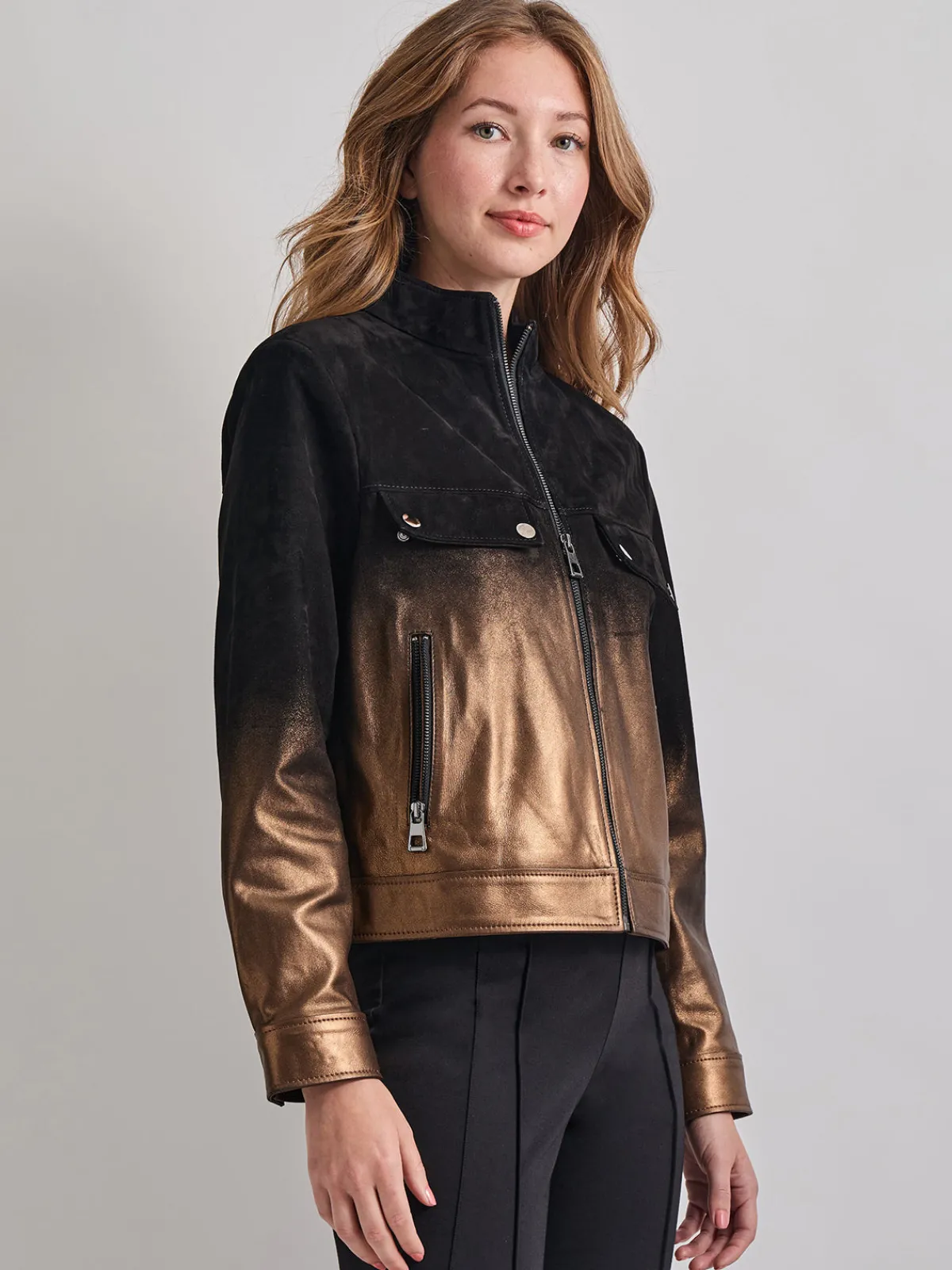 Jackets & Coats|Misook Heritage Fit Gold Ombre Suede Leather Trucker Jacket Black/Gold