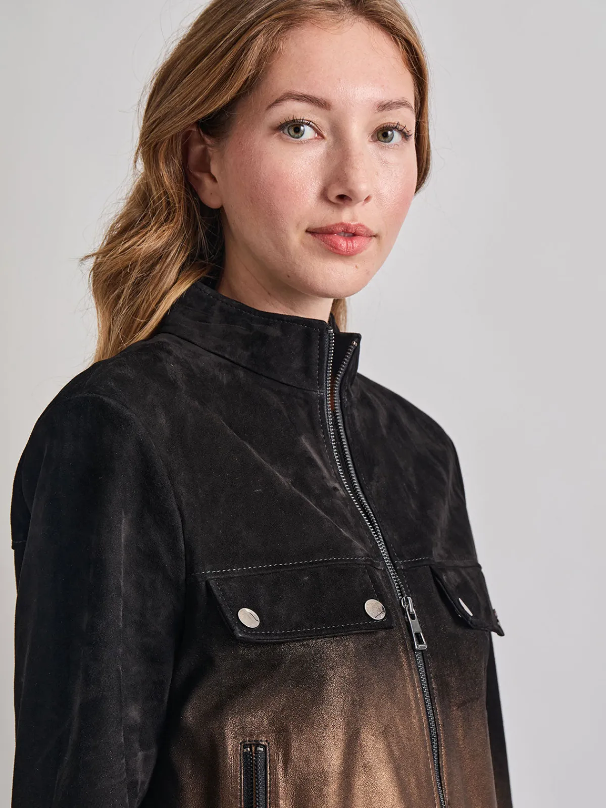 Jackets & Coats|Misook Heritage Fit Gold Ombre Suede Leather Trucker Jacket Black/Gold