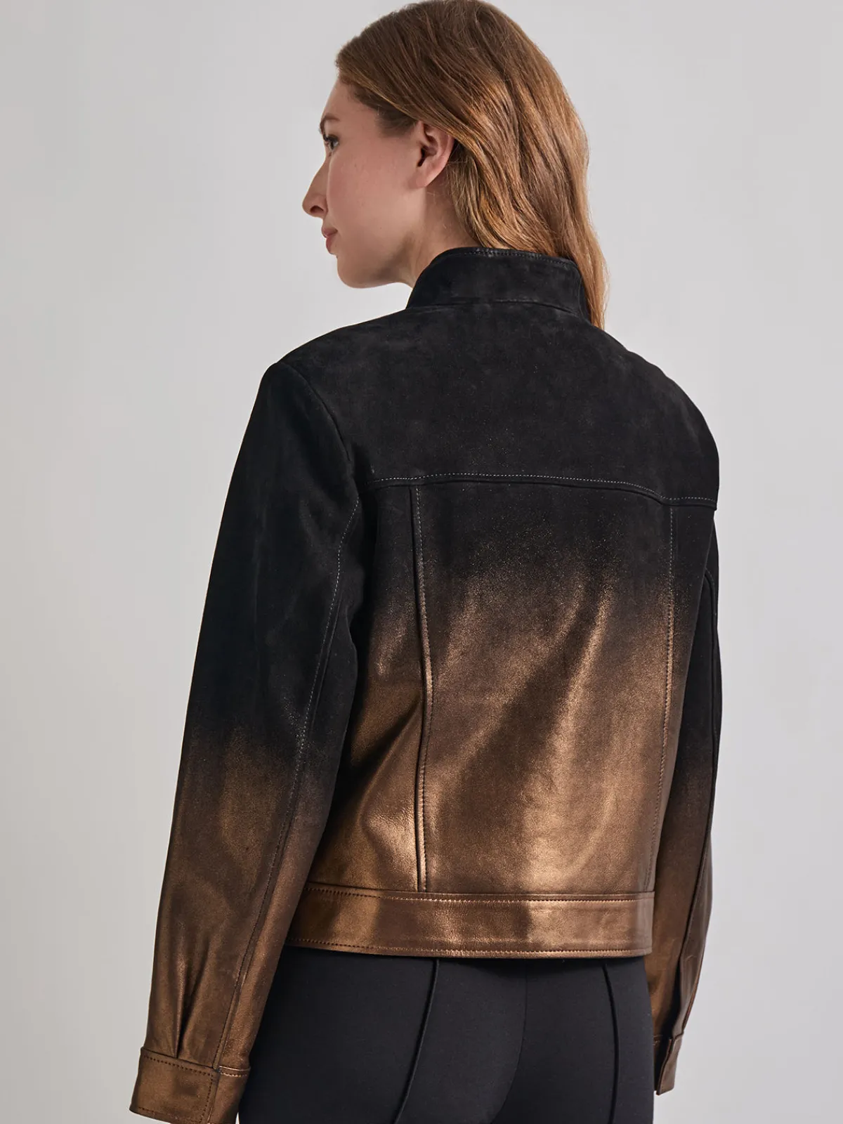 Jackets & Coats|Misook Heritage Fit Gold Ombre Suede Leather Trucker Jacket Black/Gold