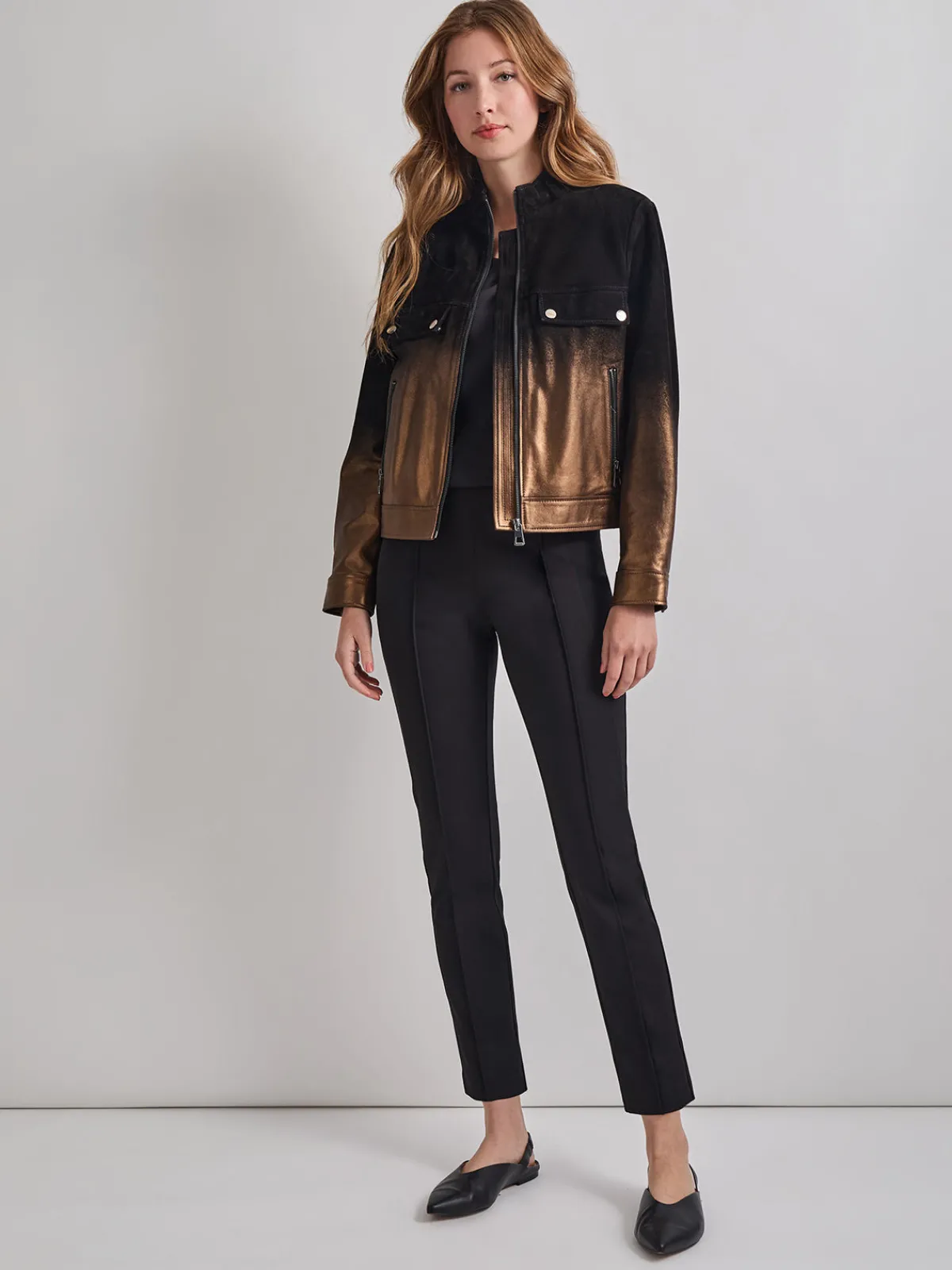 Jackets & Coats|Misook Heritage Fit Gold Ombre Suede Leather Trucker Jacket Black/Gold