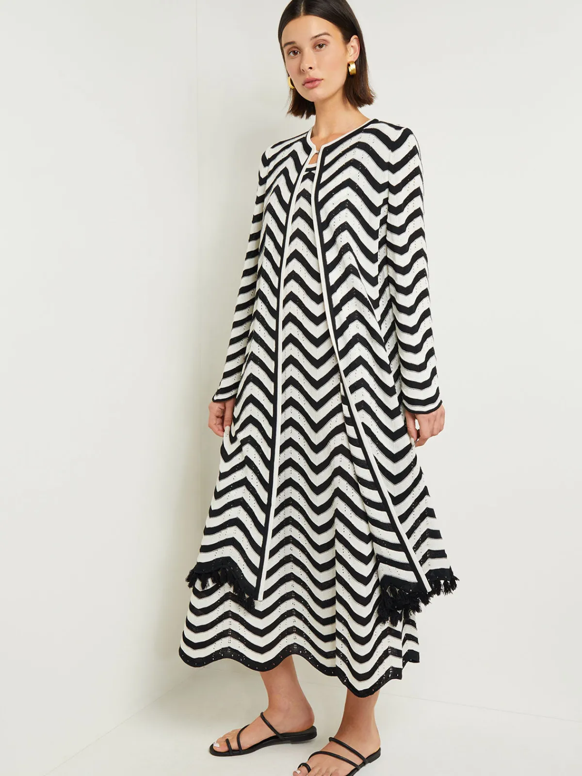 Jackets & Coats|Misook Heritage Fit Jacket - Chevron Fringe Trim Intarsia Knit Black/White