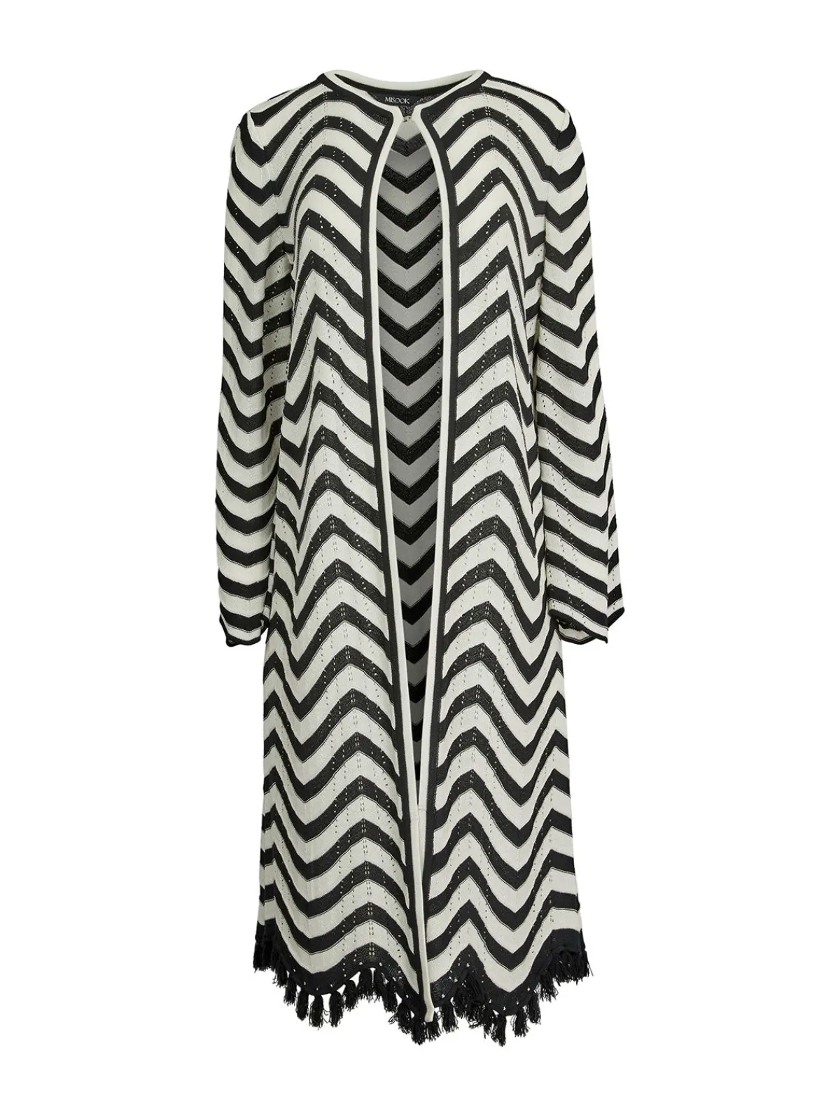 Jackets & Coats|Misook Heritage Fit Jacket - Chevron Fringe Trim Intarsia Knit Black/White