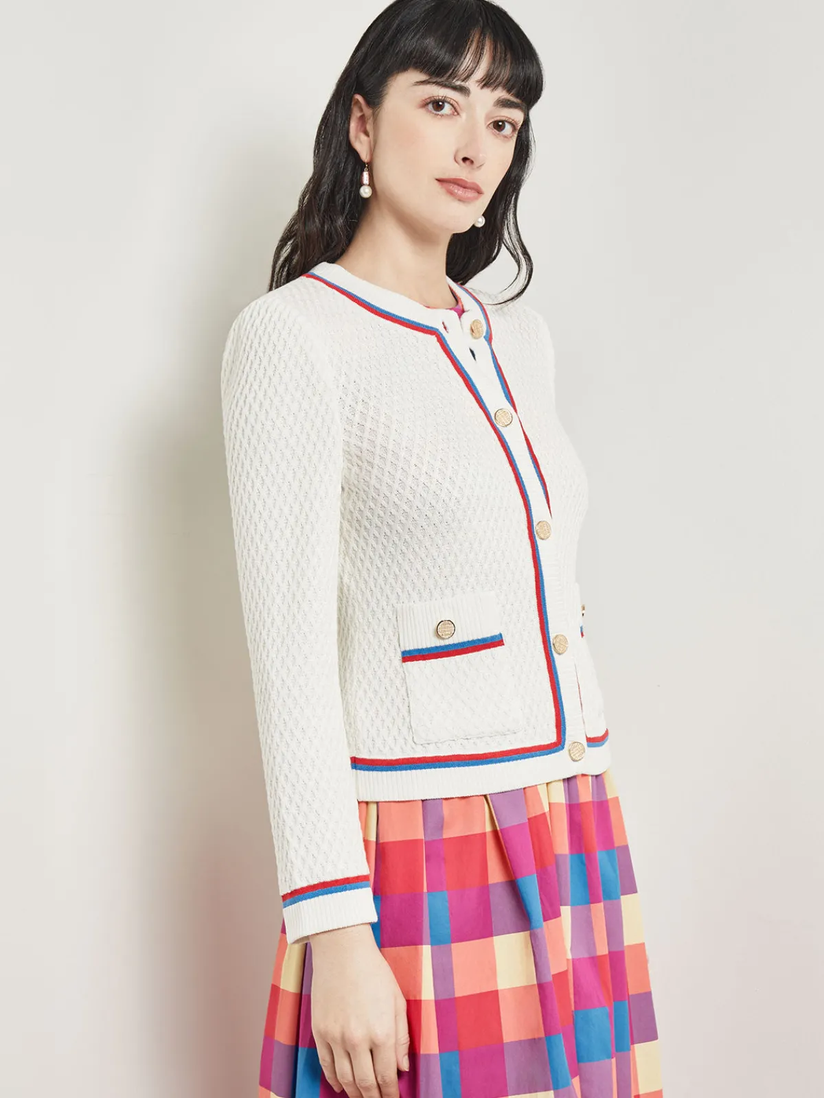 Jackets & Coats|Misook Heritage Fit Jacket - Intarsia Soft Knit NewIvory/AdriaticBlue/RadiantPink