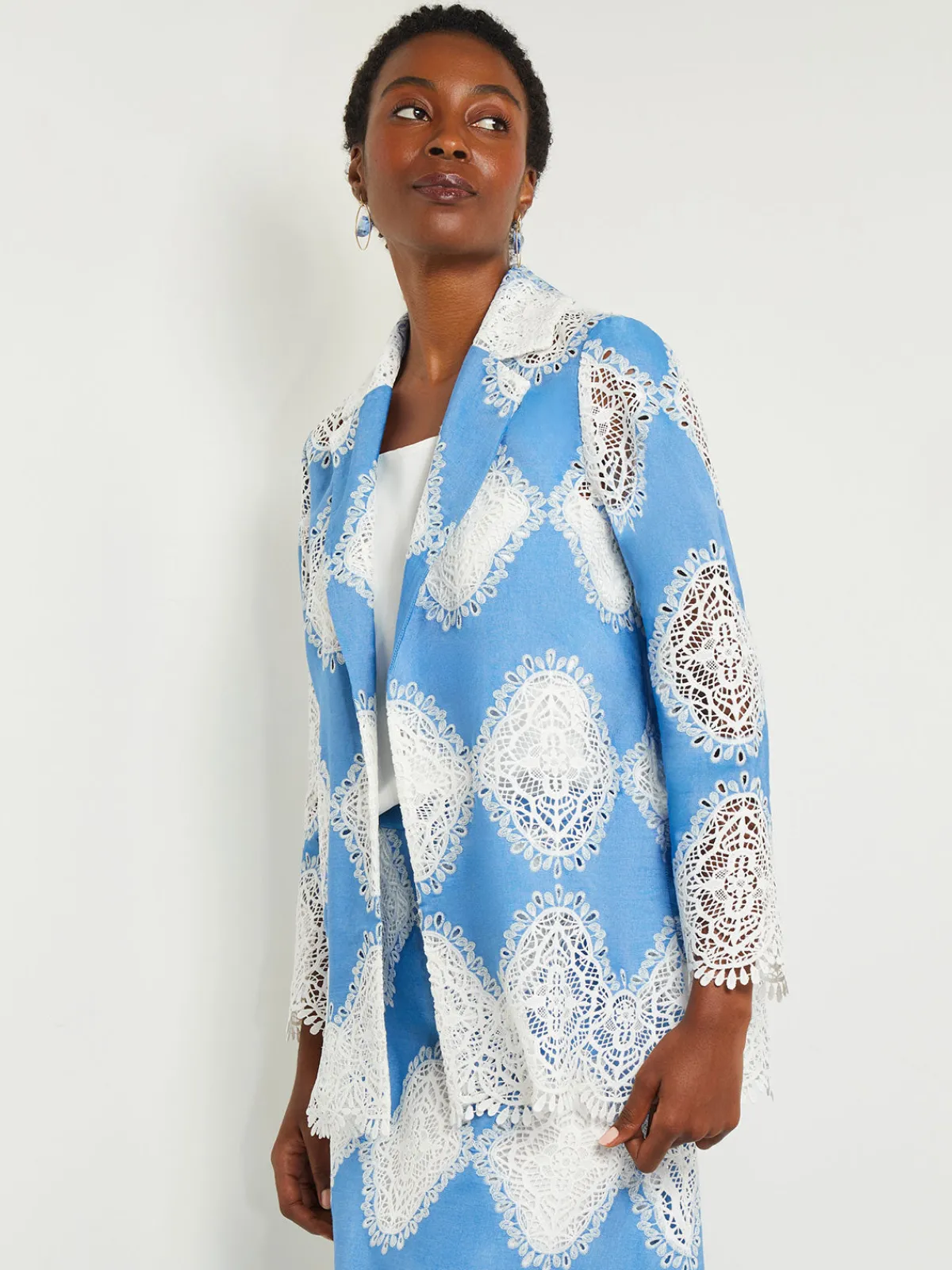 Jackets & Coats|Misook Heritage Fit Jacket - Lace Inset Novelty Woven AdriaticBlue/White