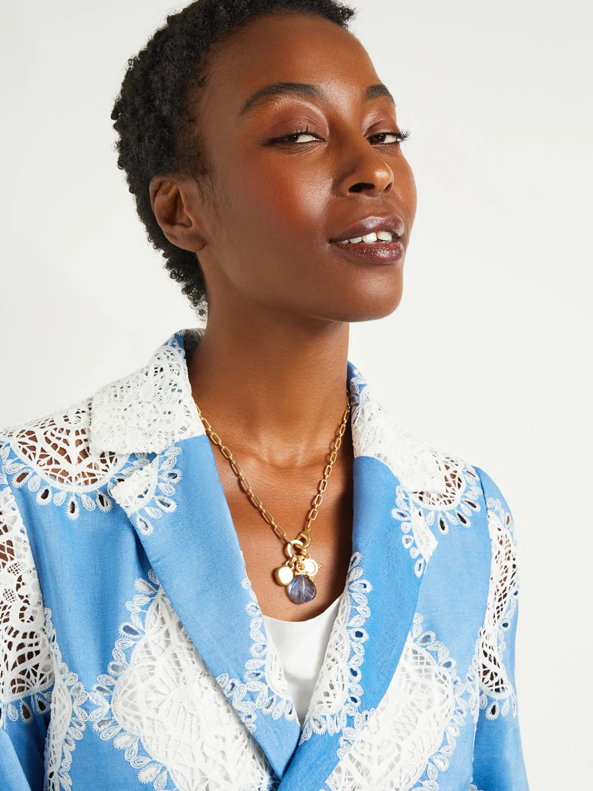 Jackets & Coats|Misook Heritage Fit Jacket - Lace Inset Novelty Woven AdriaticBlue/White