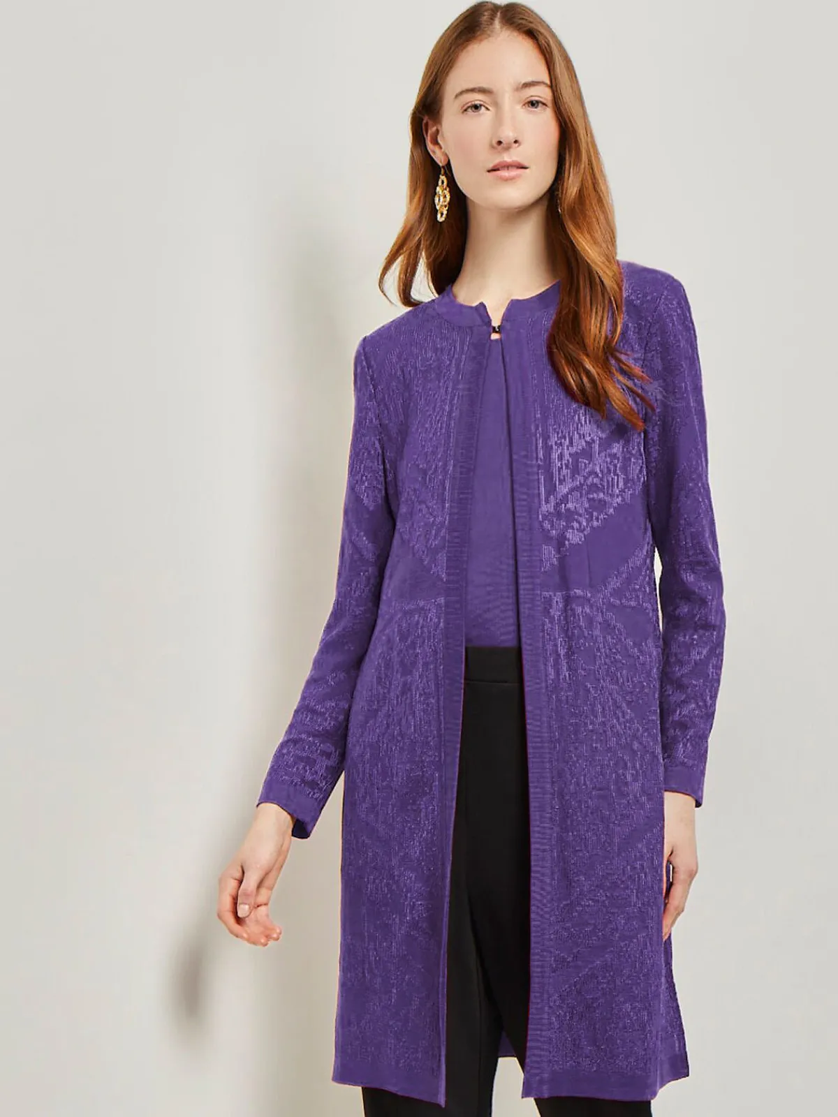 Jackets & Coats|Misook Heritage Fit Jewel Neck Jacquard Knit Jacket PlumRoyale