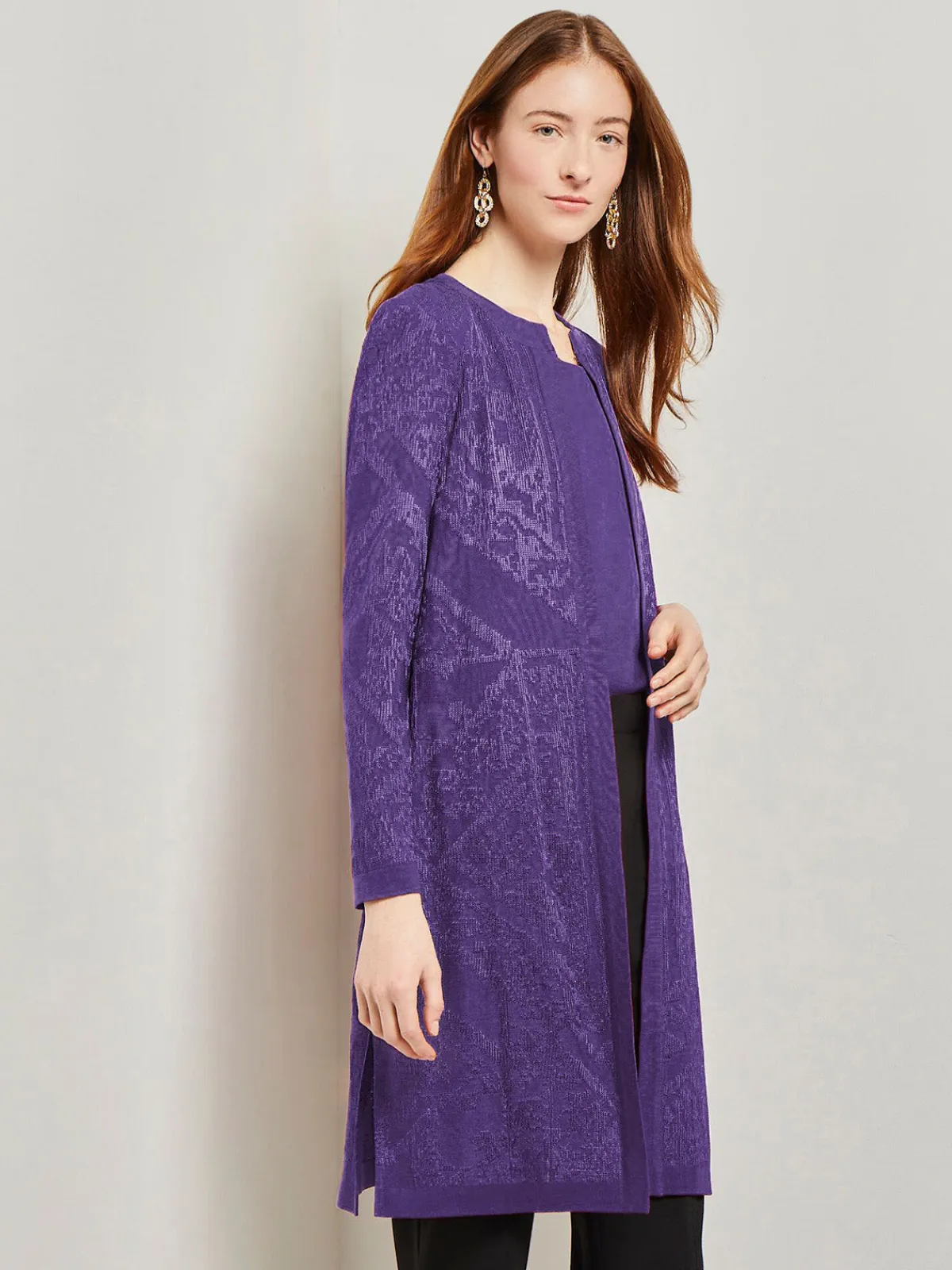 Jackets & Coats|Misook Heritage Fit Jewel Neck Jacquard Knit Jacket PlumRoyale