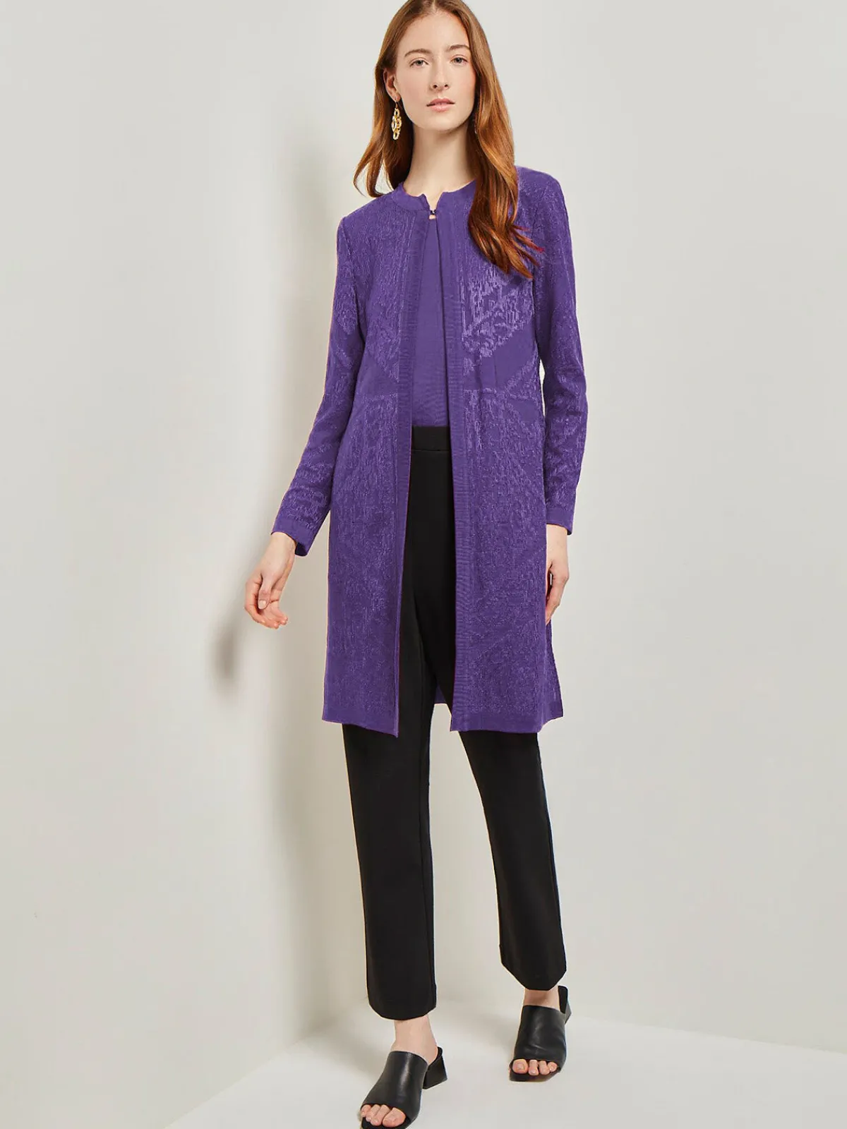 Jackets & Coats|Misook Heritage Fit Jewel Neck Jacquard Knit Jacket PlumRoyale