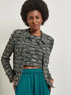 Jackets & Coats|Misook Heritage Fit Lapel Jacket - Fringe Trim Tweed Knit Spruce/NewIvory/Black/Copper