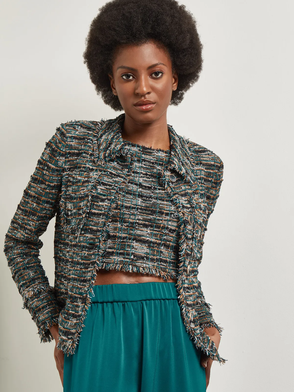 Jackets & Coats|Misook Heritage Fit Lapel Jacket - Fringe Trim Tweed Knit Spruce/NewIvory/Black/Copper