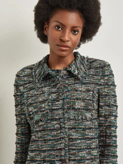 Jackets & Coats|Misook Heritage Fit Lapel Jacket - Fringe Trim Tweed Knit Spruce/NewIvory/Black/Copper