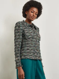 Jackets & Coats|Misook Heritage Fit Lapel Jacket - Fringe Trim Tweed Knit Spruce/NewIvory/Black/Copper
