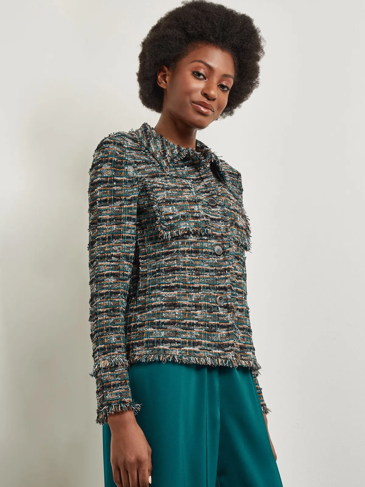 Jackets & Coats|Misook Heritage Fit Lapel Jacket - Fringe Trim Tweed Knit Spruce/NewIvory/Black/Copper
