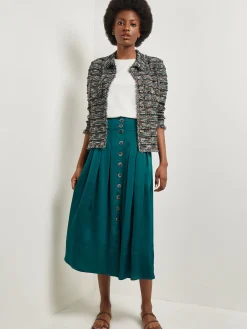 Jackets & Coats|Misook Heritage Fit Lapel Jacket - Fringe Trim Tweed Knit Spruce/NewIvory/Black/Copper