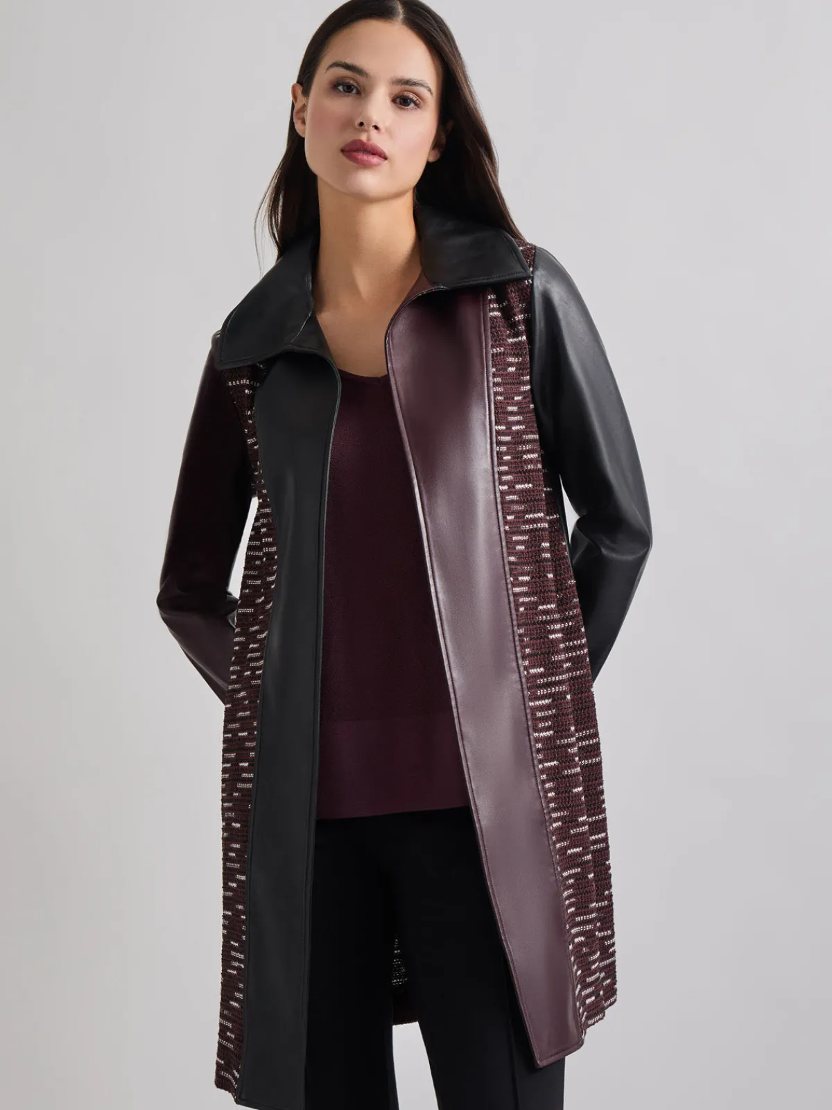 Jackets & Coats|Misook Heritage Fit Mixed Media Multi-Panel Topper Mahogany/Black/NewIvory