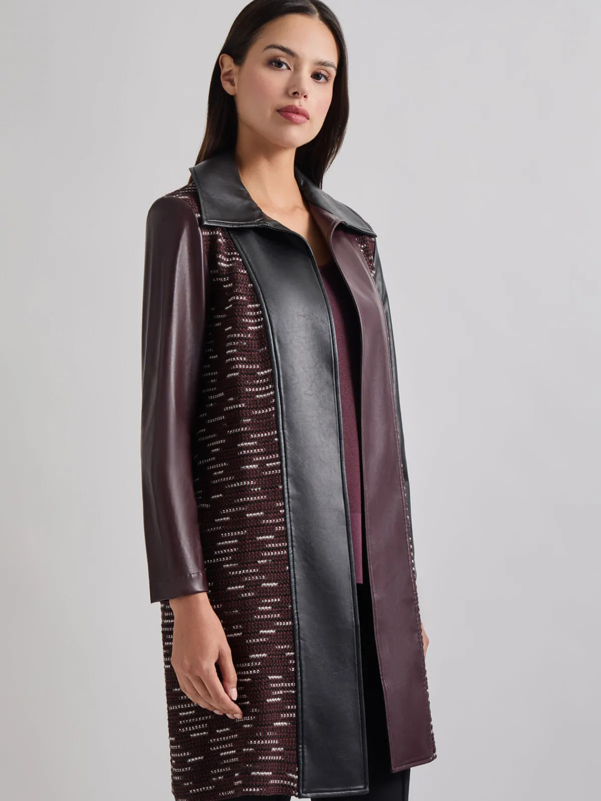 Jackets & Coats|Misook Heritage Fit Mixed Media Multi-Panel Topper Mahogany/Black/NewIvory