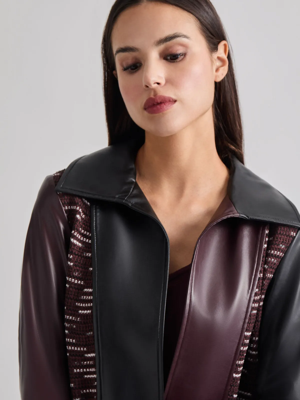 Jackets & Coats|Misook Heritage Fit Mixed Media Multi-Panel Topper Mahogany/Black/NewIvory