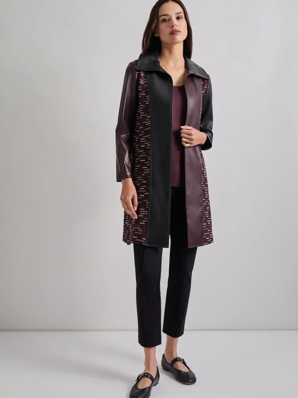 Jackets & Coats|Misook Heritage Fit Mixed Media Multi-Panel Topper Mahogany/Black/NewIvory