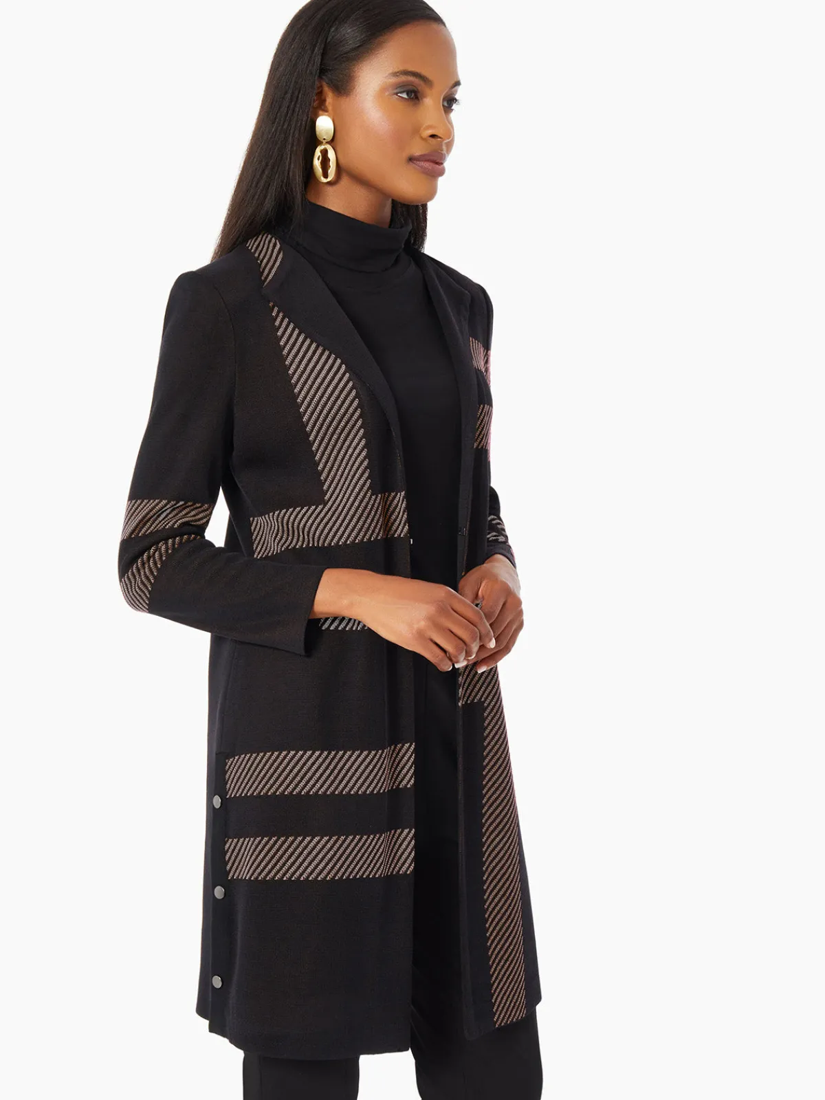 Jackets & Coats|Misook Heritage Fit Side Button Detail Graphic Pattern Knit Duster Mink/Black