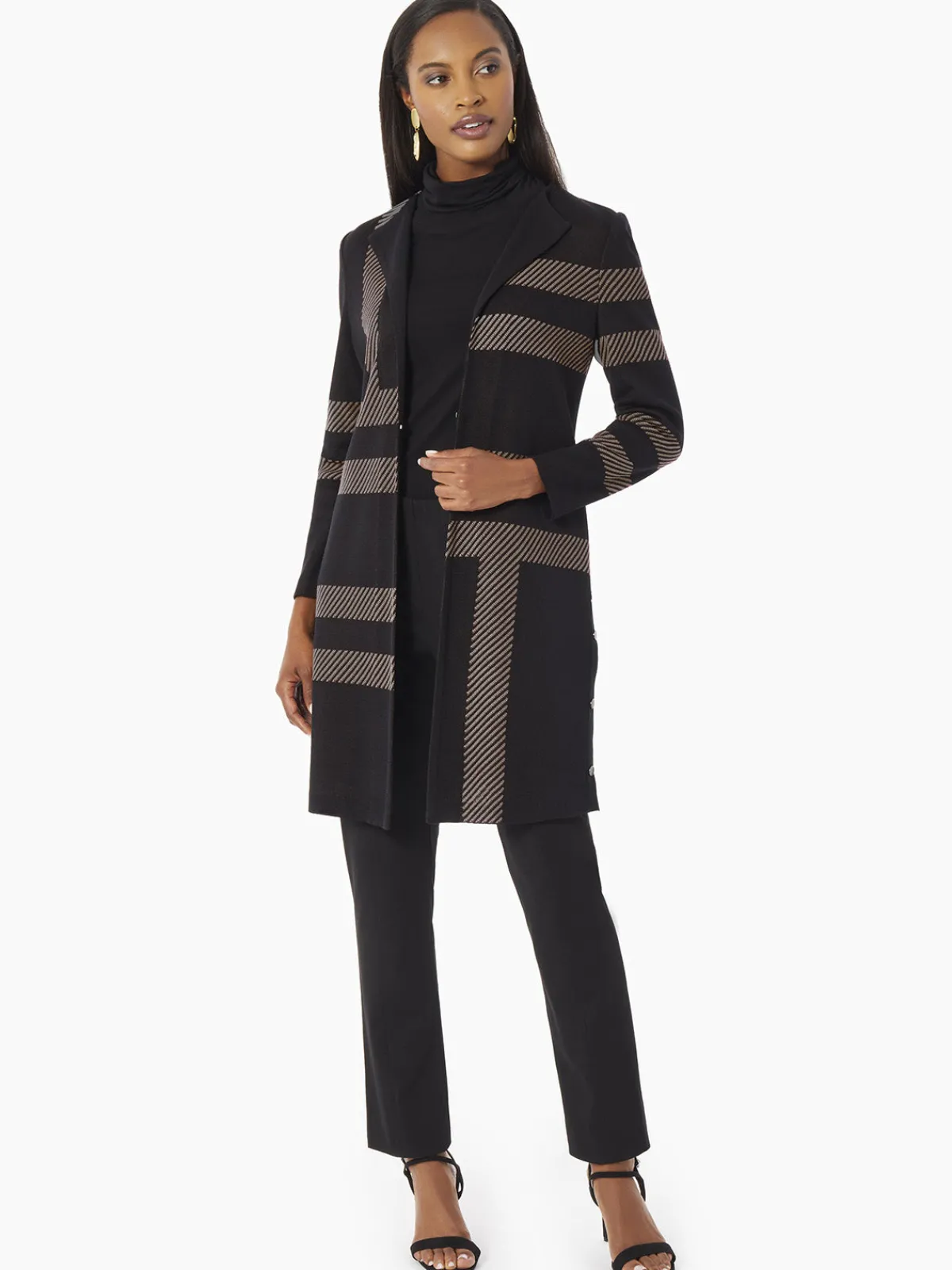 Jackets & Coats|Misook Heritage Fit Side Button Detail Graphic Pattern Knit Duster Mink/Black