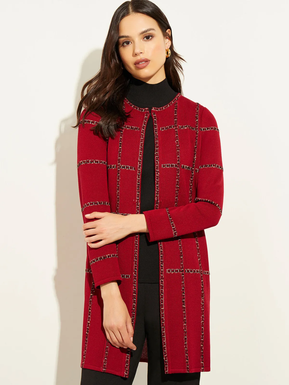 Jackets & Coats|Misook Heritage Fit Tweed Trim Windowpane Knit Duster Rouge/Black