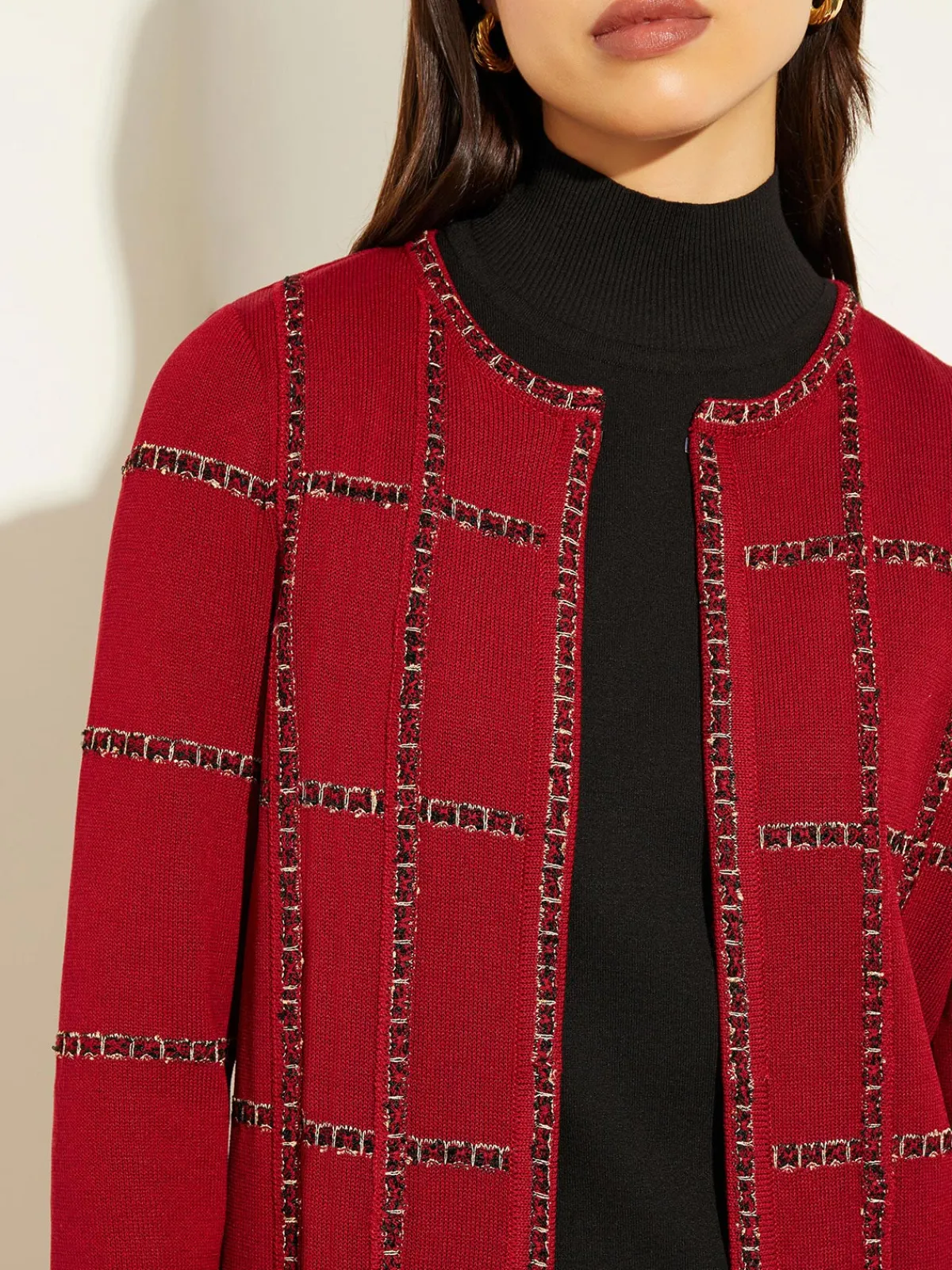 Jackets & Coats|Misook Heritage Fit Tweed Trim Windowpane Knit Duster Rouge/Black