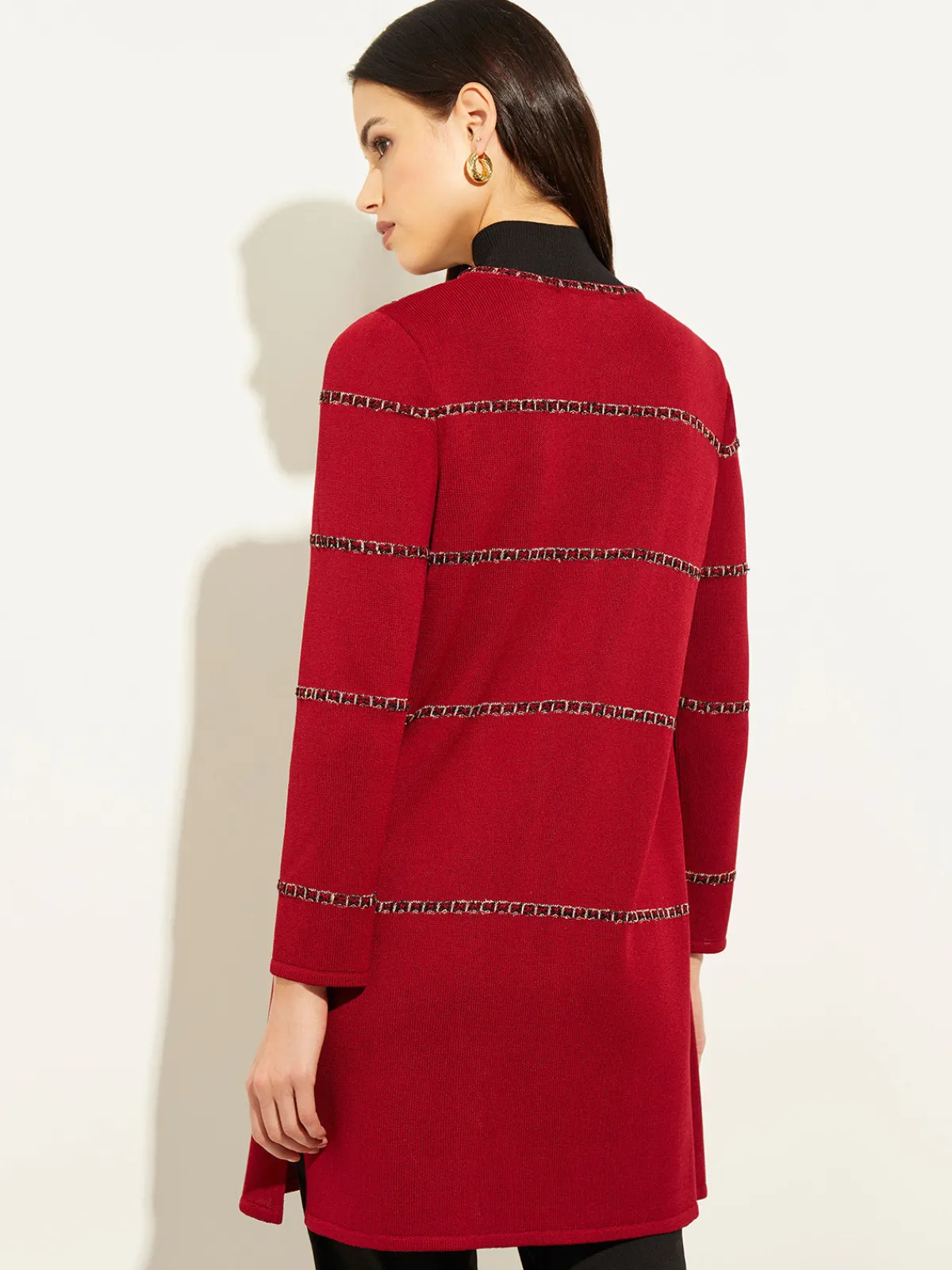 Jackets & Coats|Misook Heritage Fit Tweed Trim Windowpane Knit Duster Rouge/Black