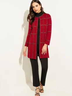 Jackets & Coats|Misook Heritage Fit Tweed Trim Windowpane Knit Duster Rouge/Black