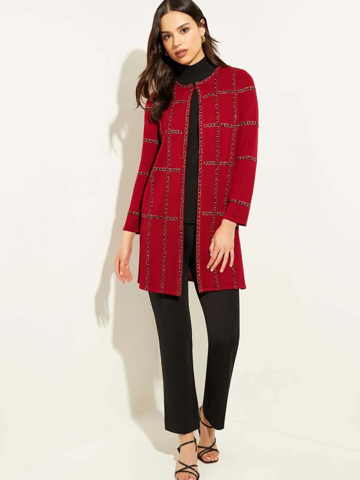 Jackets & Coats|Misook Heritage Fit Tweed Trim Windowpane Knit Duster Rouge/Black
